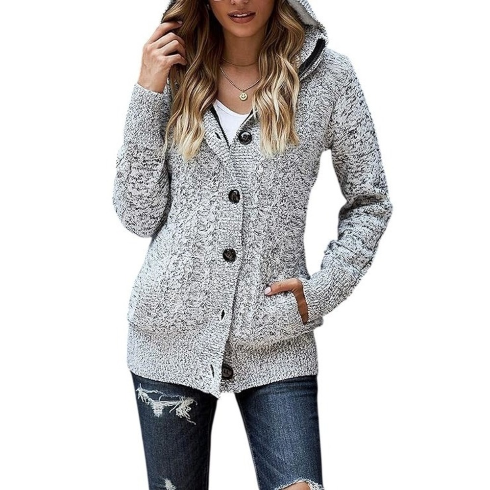 Cable Knit Hooded Cardigan Womens Medium Gray Marled Sherpa Lined Sweater Jacket